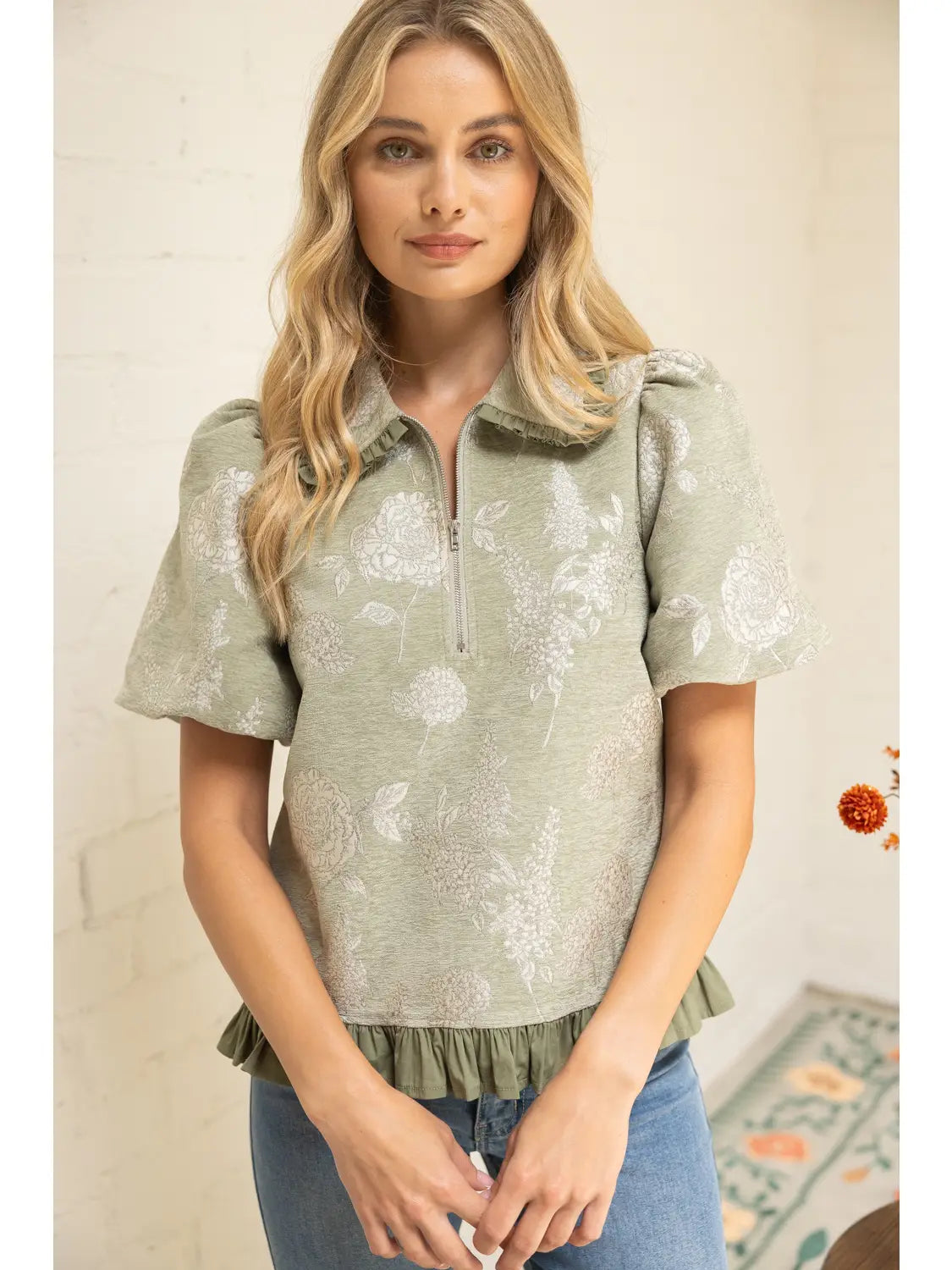 Ruffled Collar Half Zip Floral Velvet Jacquard Top