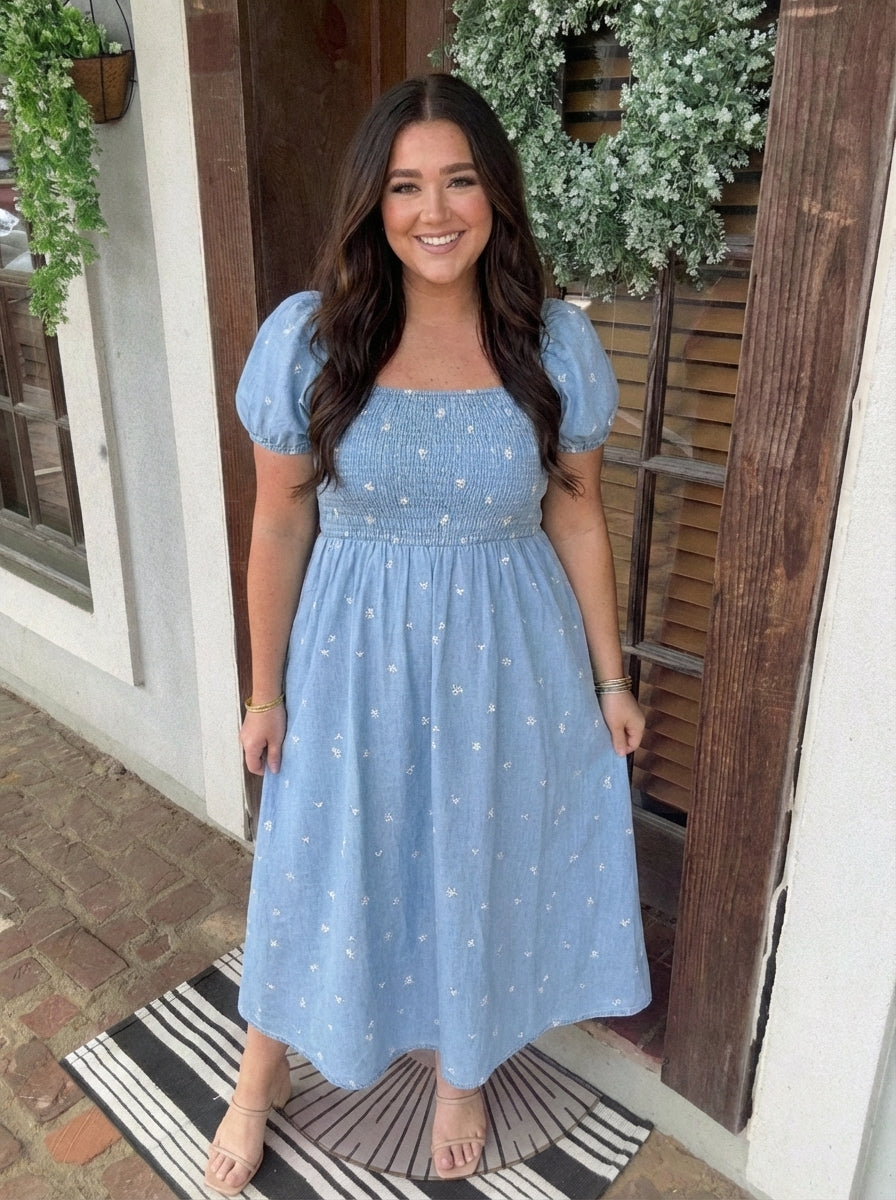 Plus Floral Embroidery Smocked Denim Midi Dress