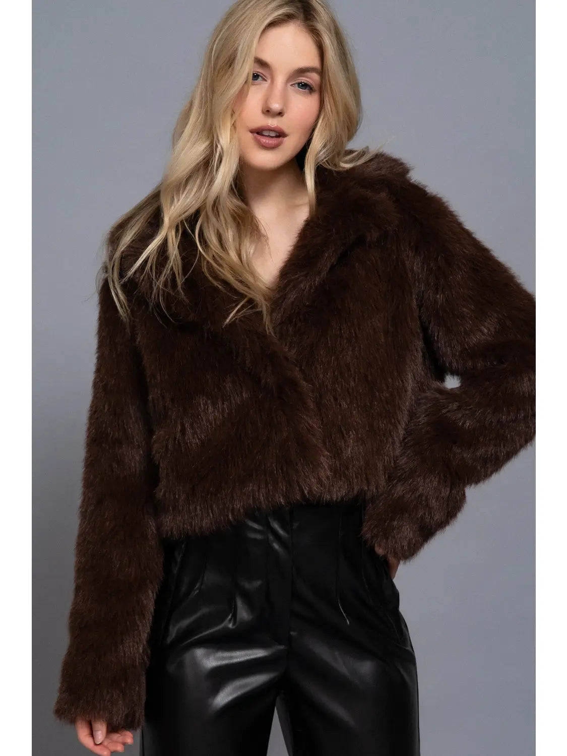 Long Sleeve Notched Collar Faux Fur Cropped Jacket