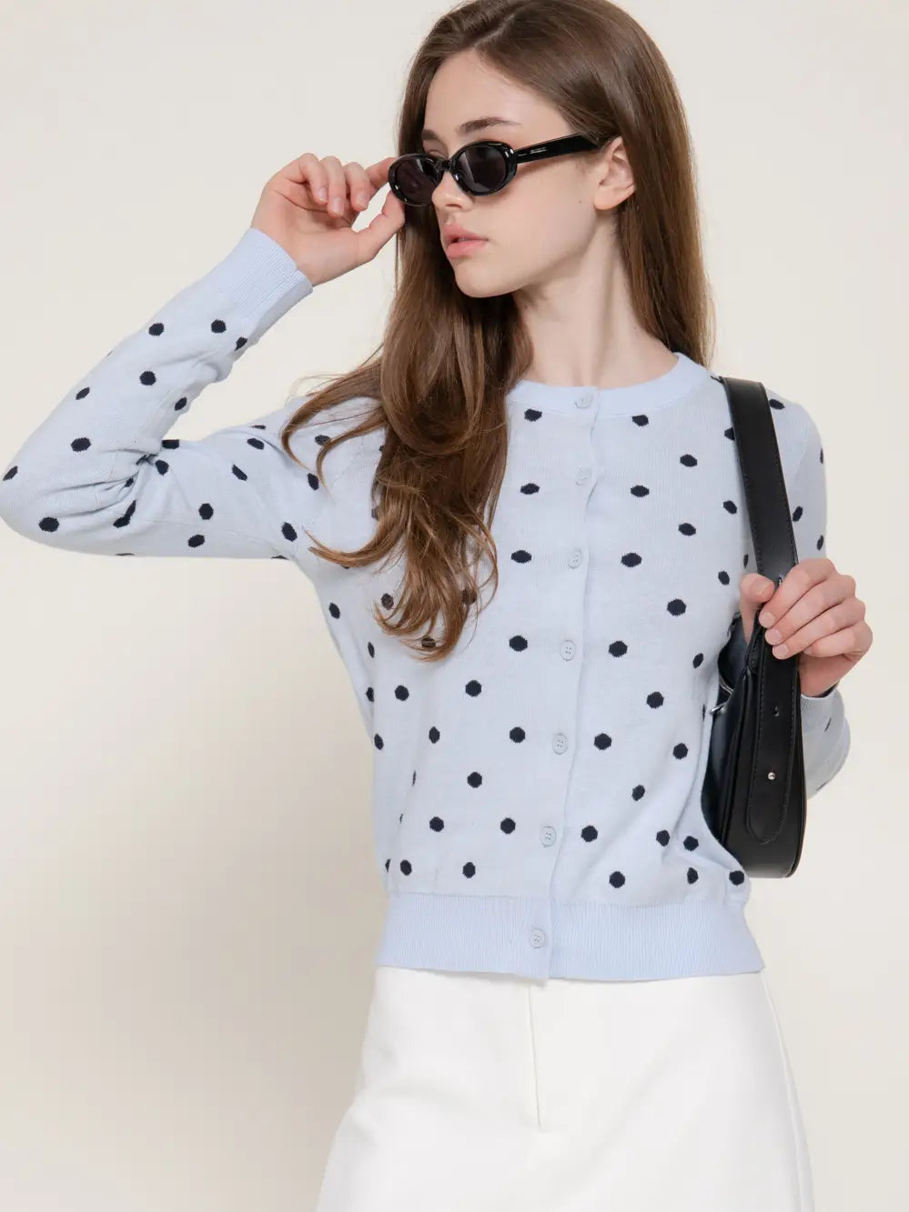 Long Sleeve Crew Neck Button Down Dot Sweater Cardigan
