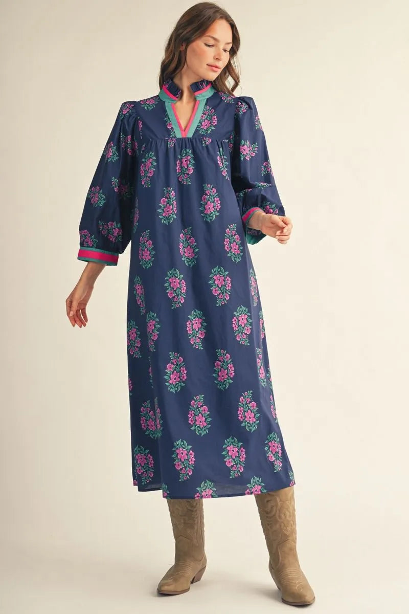 Puff shoulder 3/4 sleeves floral midi dress