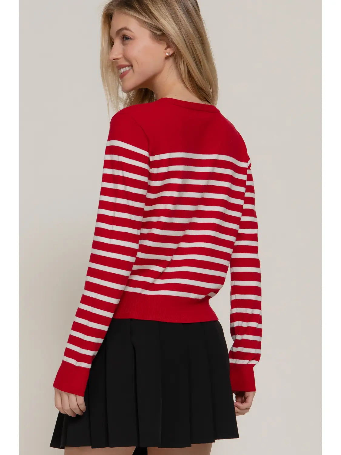 Long Sleeve Crew Neck Stripe Sweater Cardigan