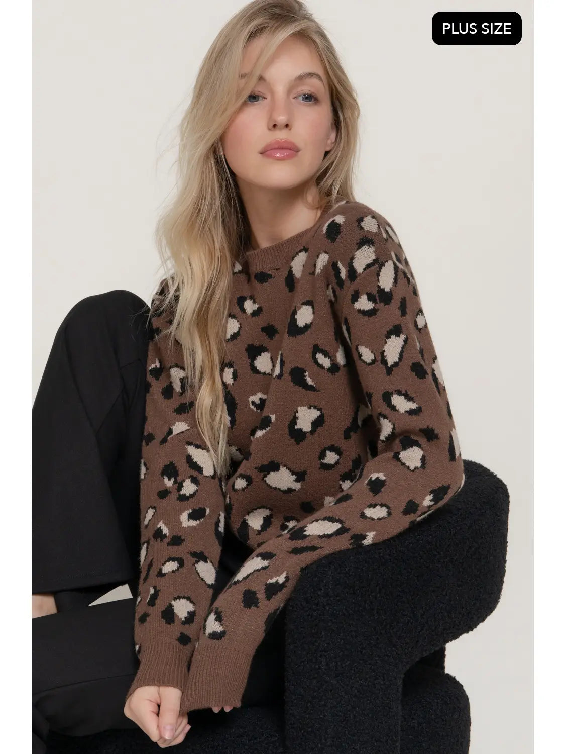 Long Sleeve Crew Neck Animal Jacquard Sweater Top PLUS