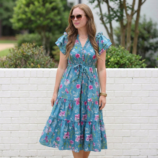 Blue Floral Flutter Sleeve Button Tie Split Neck Belted Long Dress