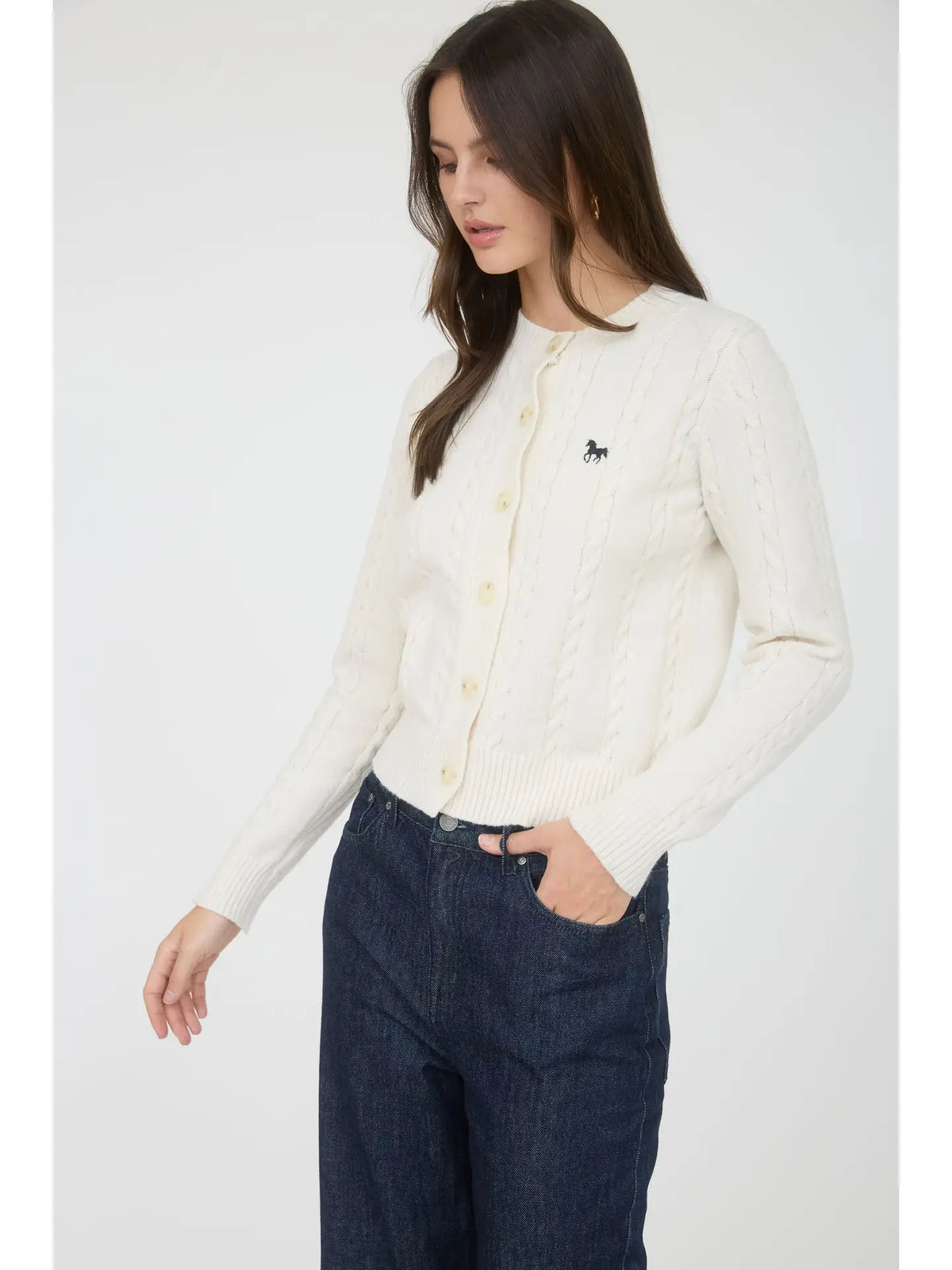 Horse Embroidery Cable Knit Cardigan