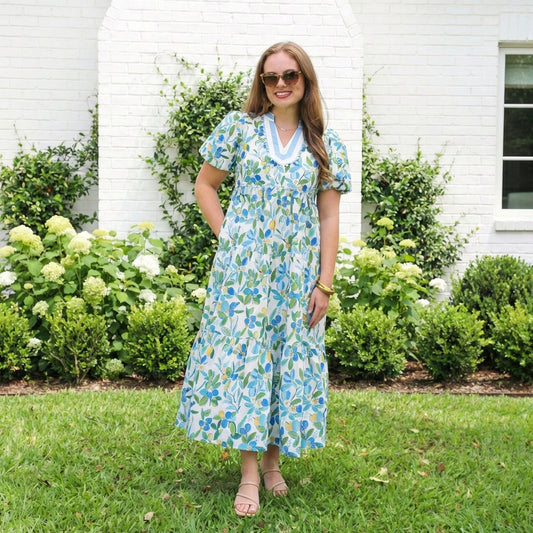 Floral Print Tiered Midi Dress blue