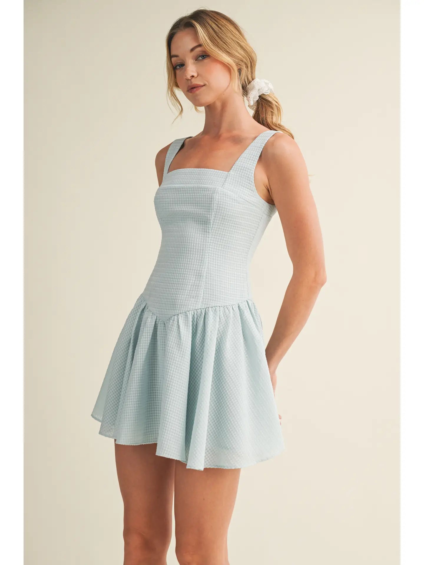 Seersucker Square Neck Drop Waist Dress