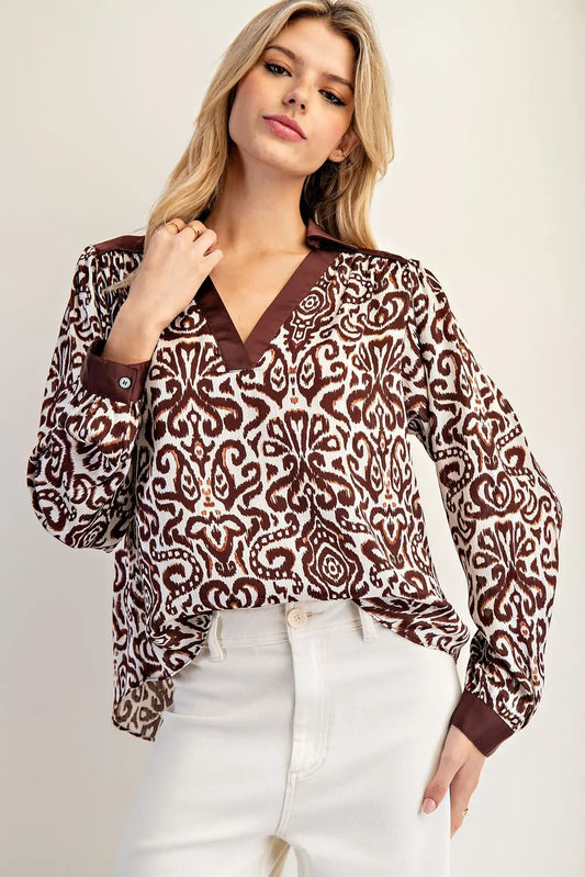 Contrast Pattern Long Sleeve Blouse