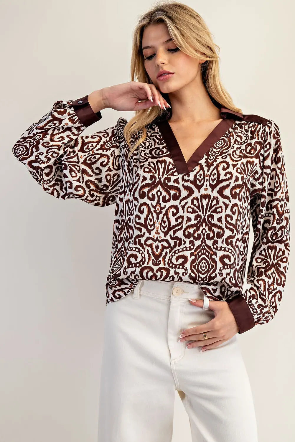 Contrast Pattern Long Sleeve Blouse
