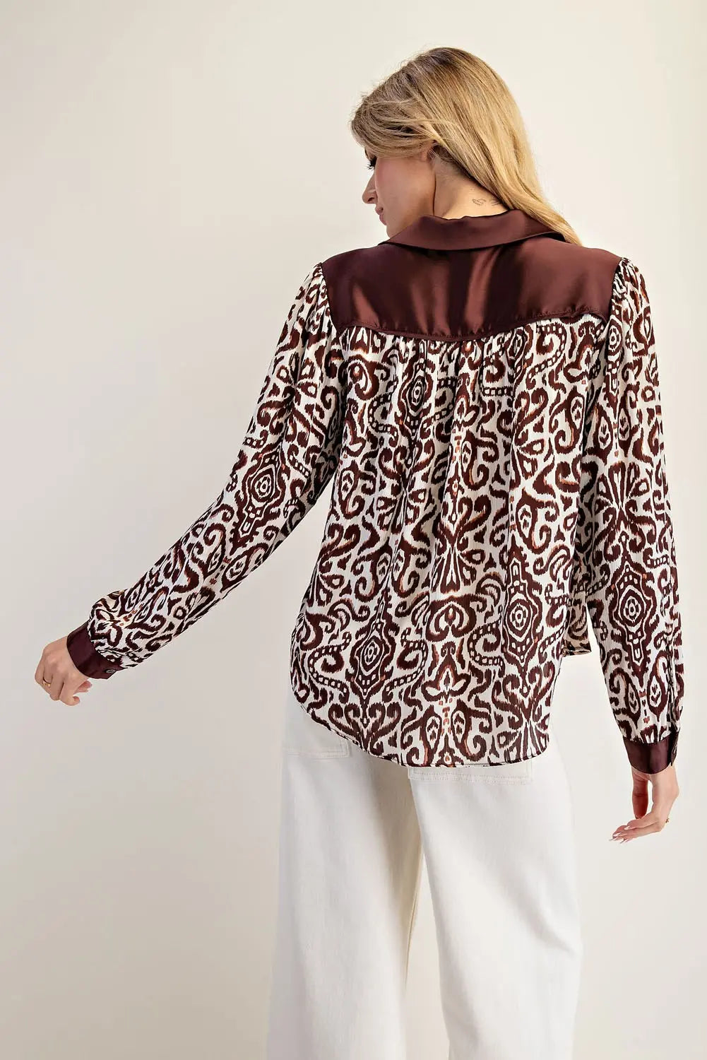 Contrast Pattern Long Sleeve Blouse