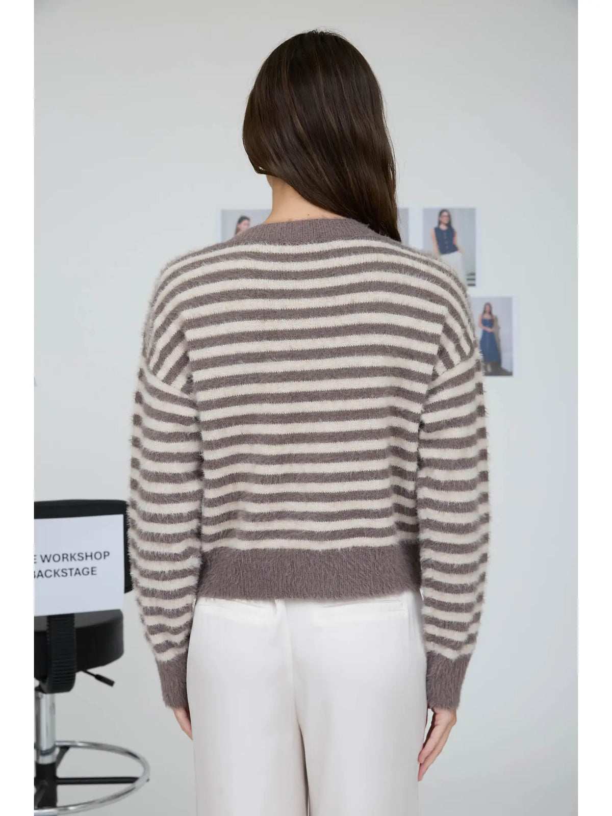 Stripe Round Neck Button Down Fuzzy Knit Cardigan