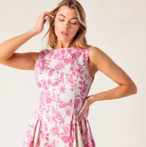 Printed Woven Mini Dress  pink and white with bow in back