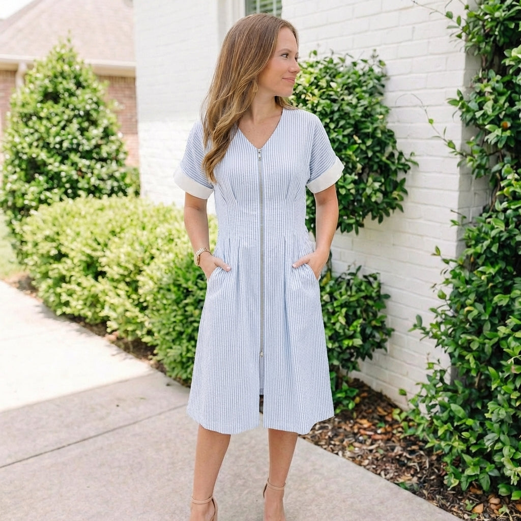 Lightly Textured Striped Dolman Sleeve Midi Dress