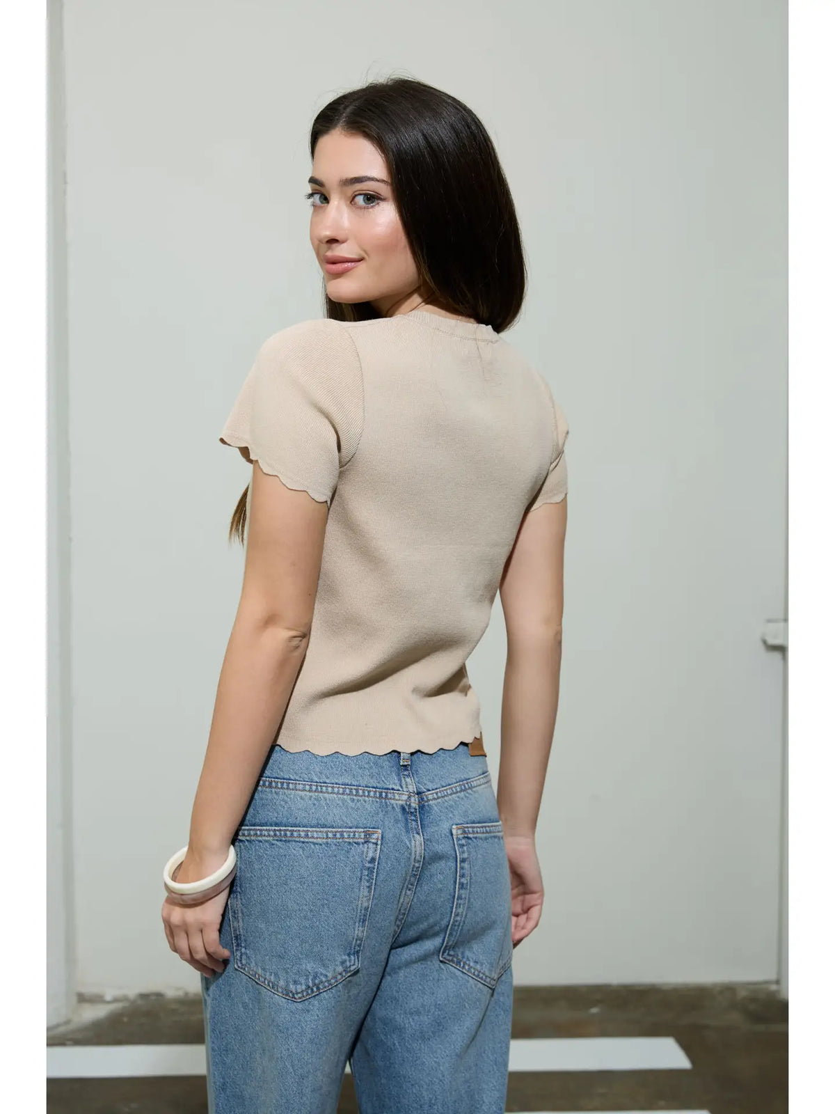 Scalloped Short Sleeve Button Down Knit Cardigan