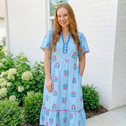 Embroidered Tiered Midi Dress