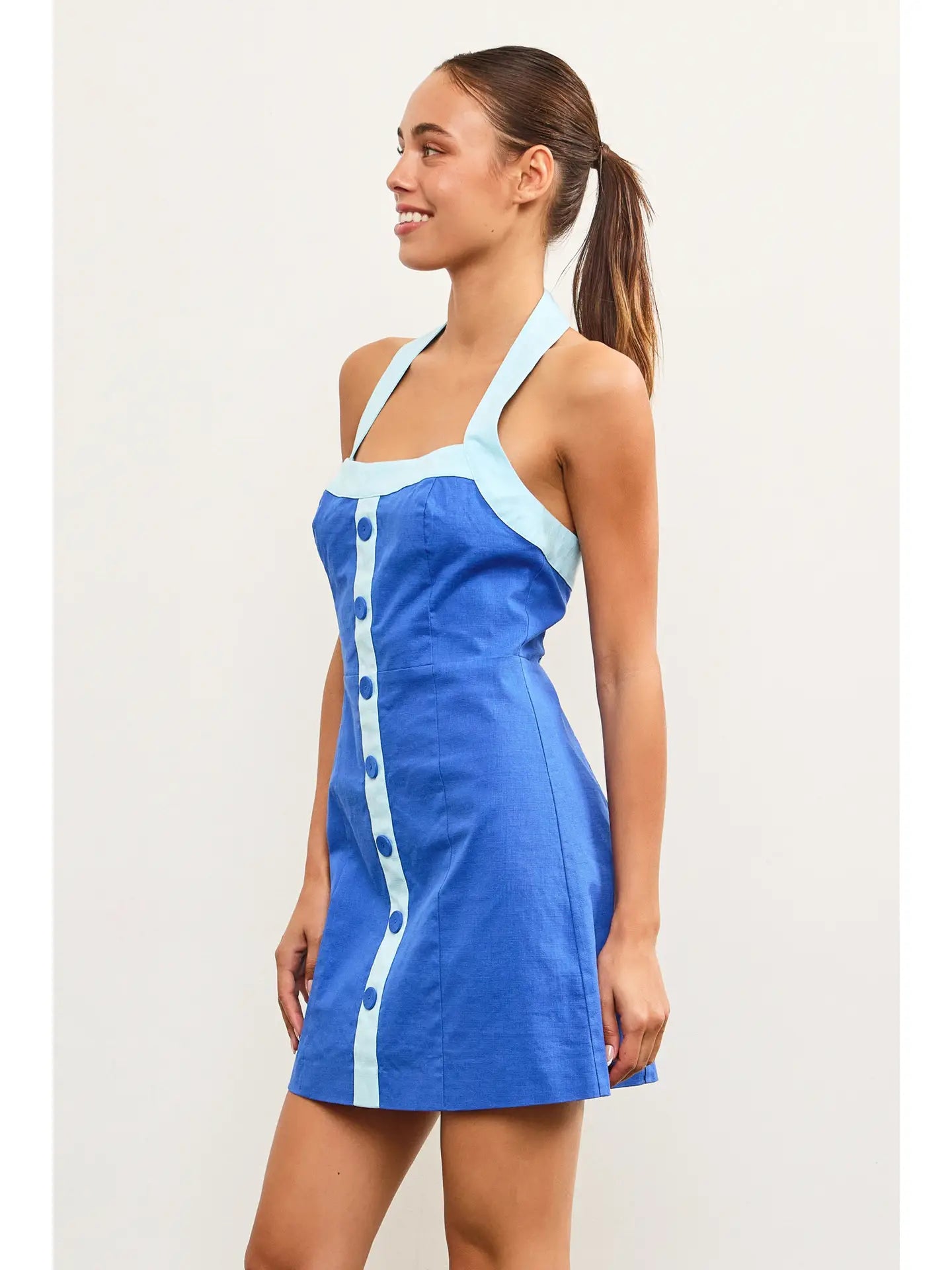 Contrast Placket Halter Mini Dress