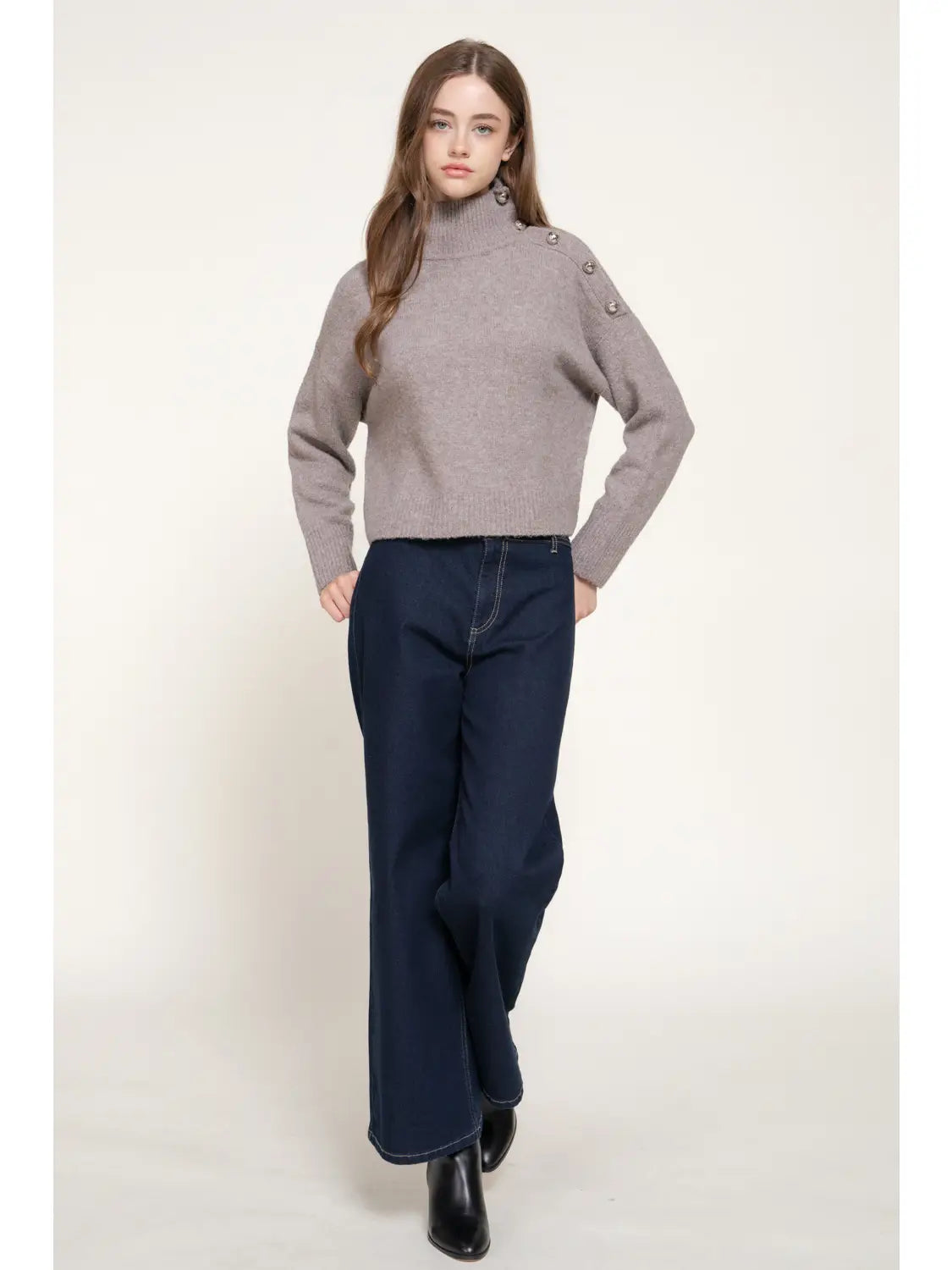 Long Sleeve High Neck Metal Embellishment Button Detail Sweatshirt