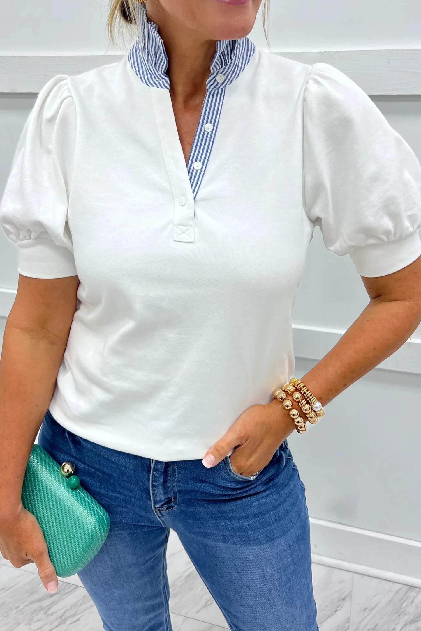 Sky Blue Striped Frilled Collar Short Sleeve Blouse
