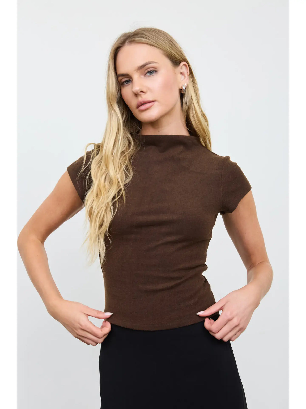 Mock Neck Cap Sleeve Heathered Knit Top
