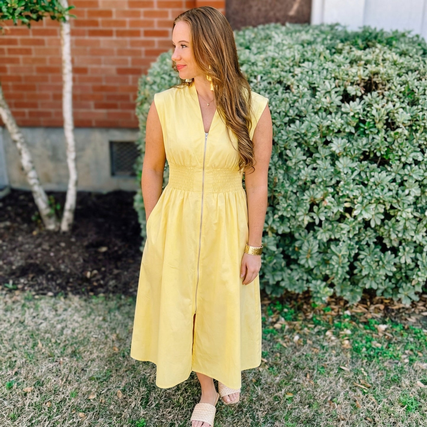 DROP SHOULDER SMOCKED WAIST MIDI DRESS WITH FRONT ZIPPER AND POCKETS yellow