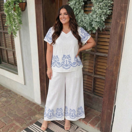 Blouse &Amp; Elastic Waist Pants Multi Print 2PC. Set