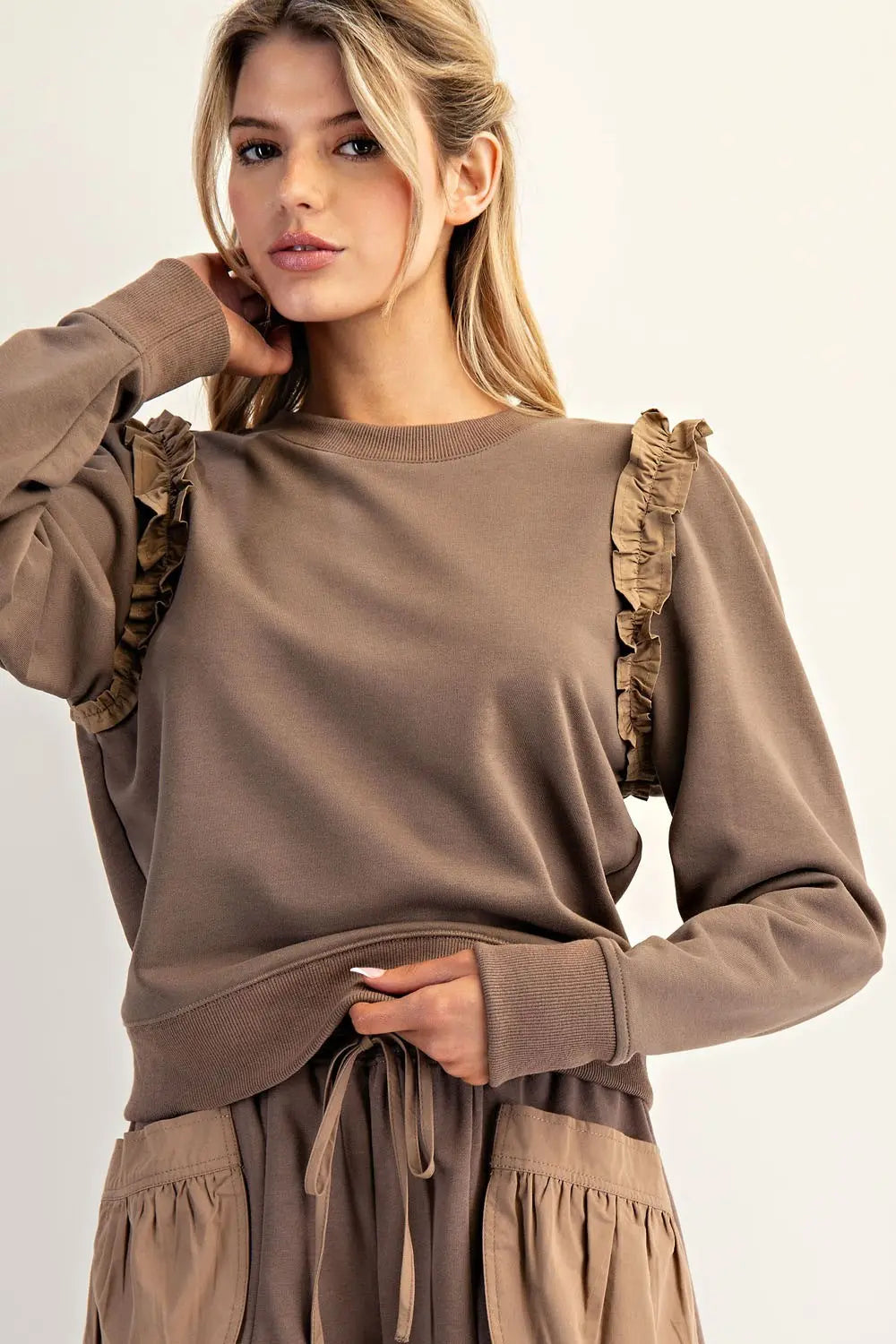 Ruffle Shoulder Long Sleeve Pullover