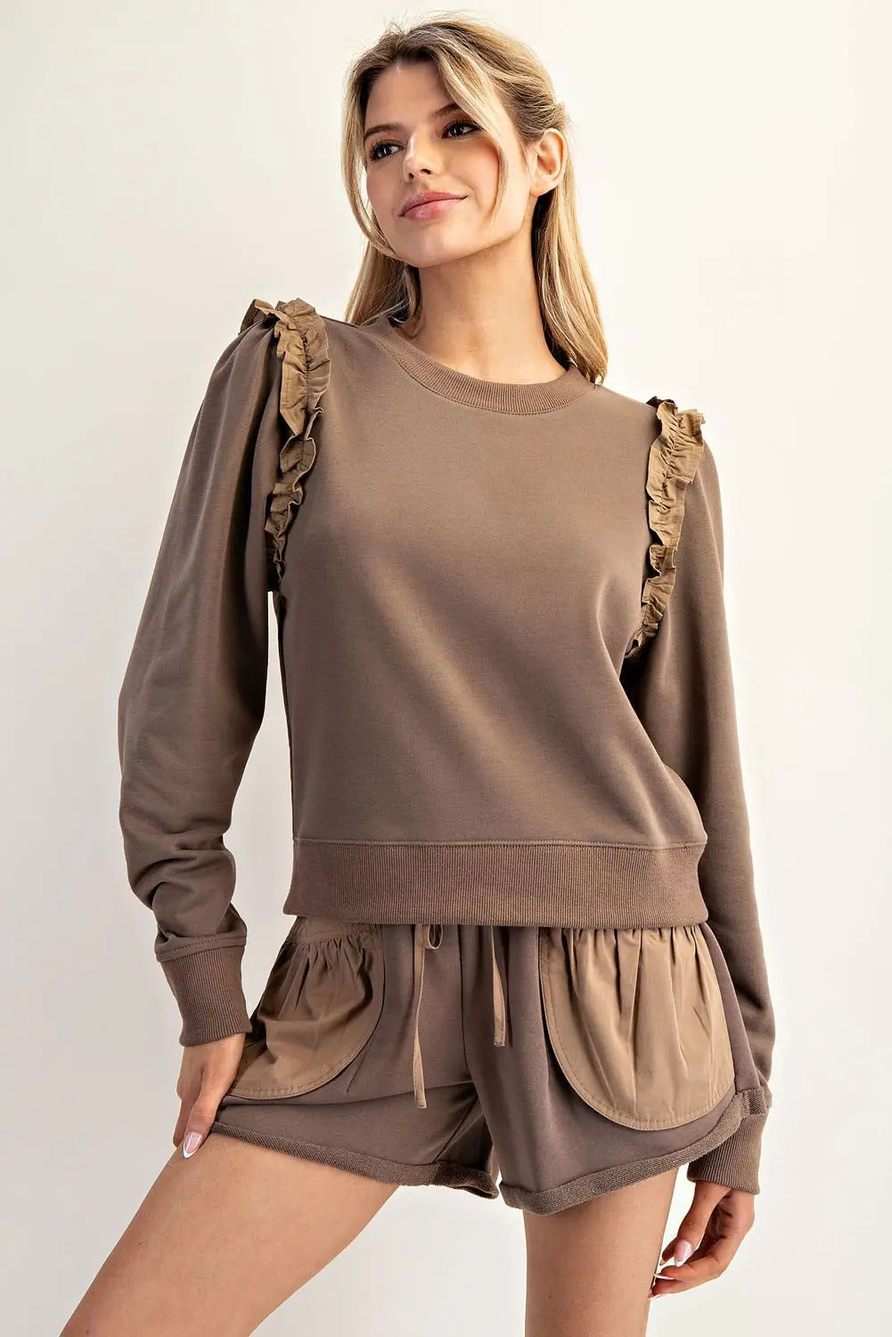 Ruffle Shoulder Long Sleeve Pullover