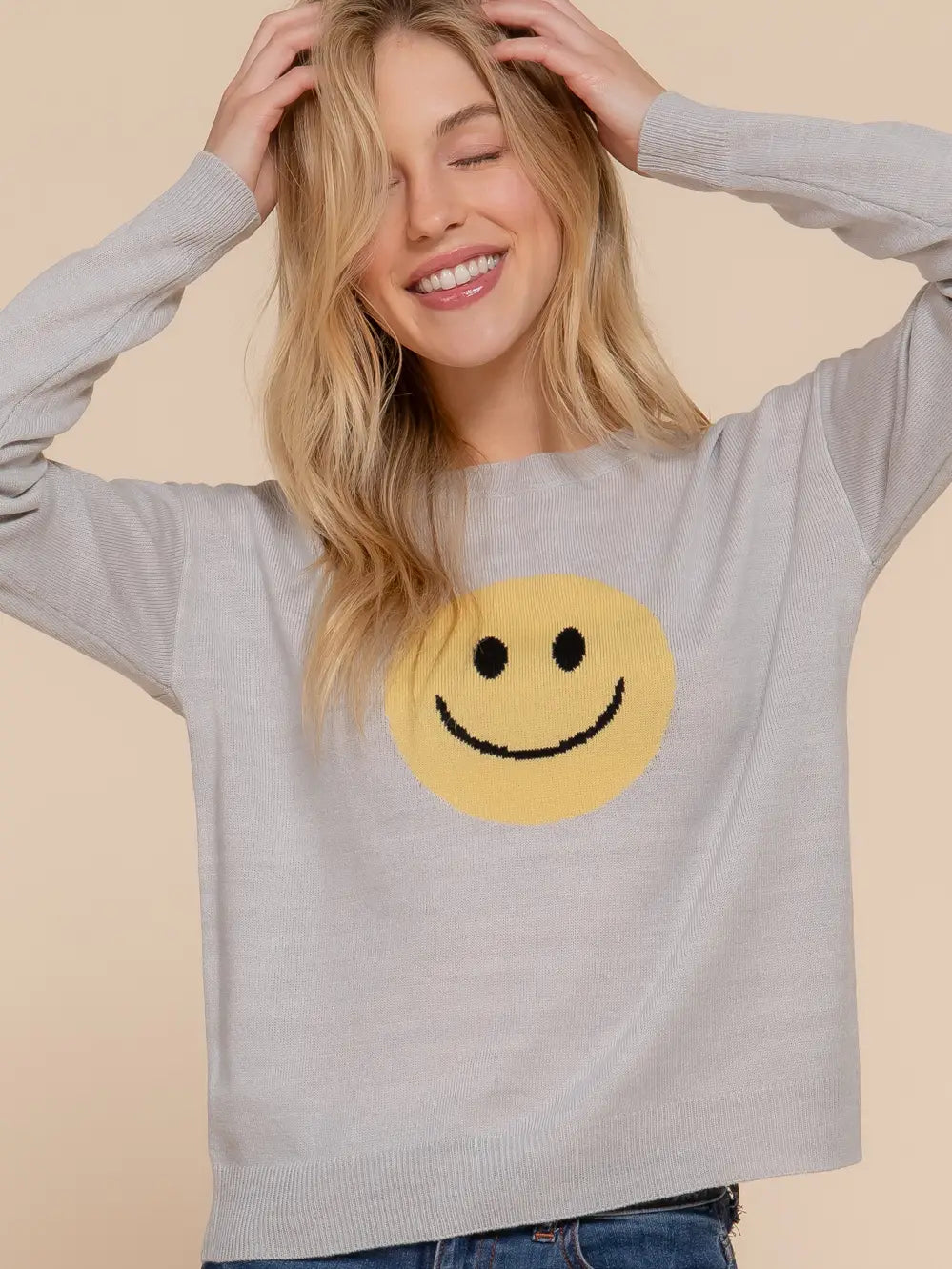 Long Sleeve Crew Neck Smile Face Jacquard Sweater