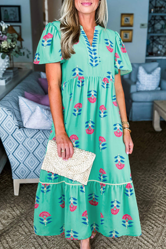 mint Floral Print Notched Neck Butterfly Sleeve Shift Long Dress