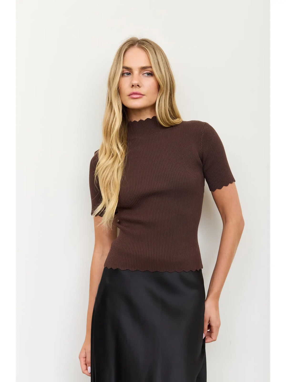 Scallop Mock Neck Short Sleeve Sweater