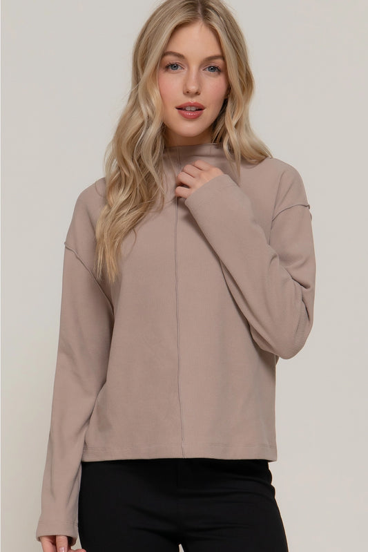 Long Sleeve Visible Overlocked Seams Detail Brushed Rib Top
