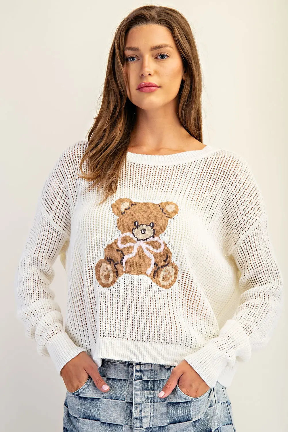 Teddy Bear Graphic Open Knit Sweater