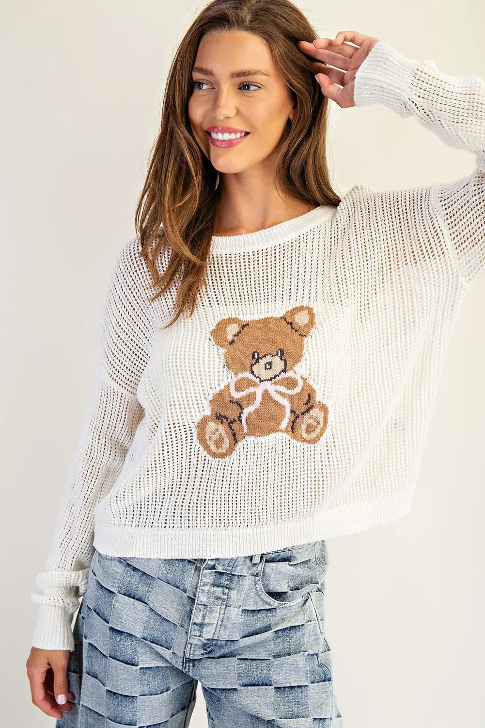 Teddy Bear Graphic Open Knit Sweater