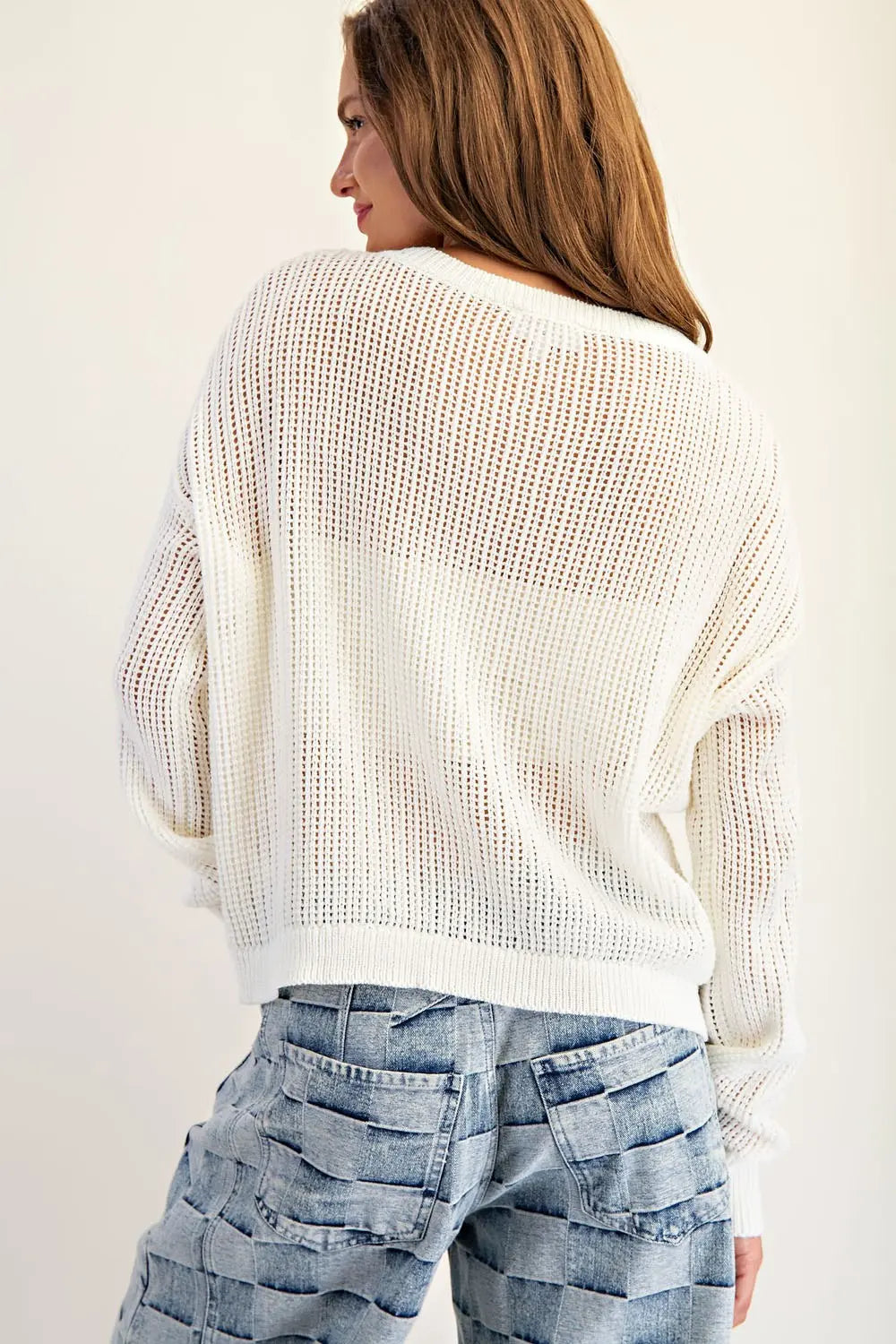 Teddy Bear Graphic Open Knit Sweater
