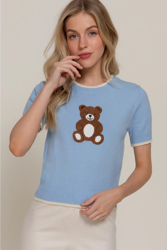 Short Sleeve Flocked Bear Crew Neck Knit Top