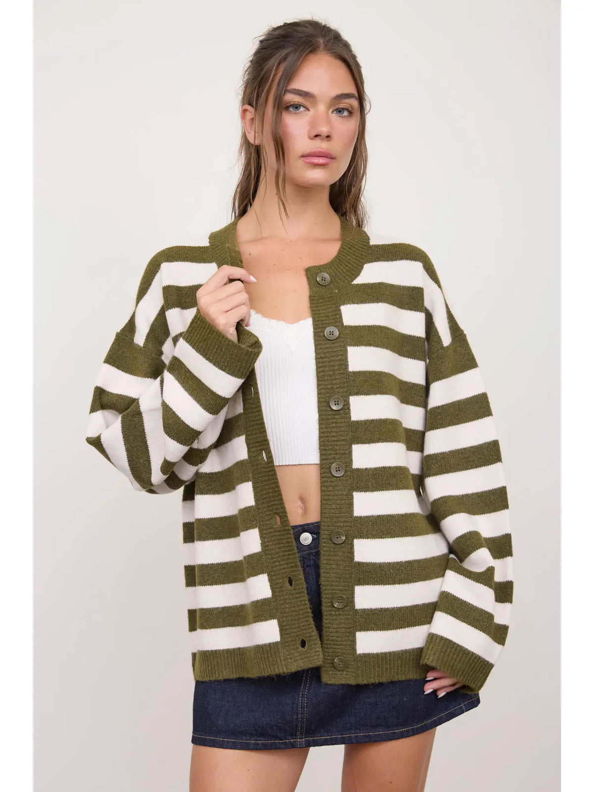 Striped Round Neck Button Down Boxy Knit Cardigan
