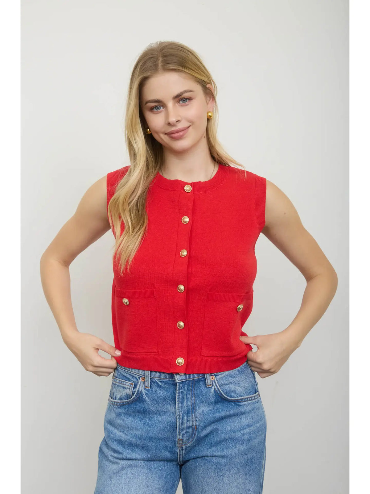Gold Button Round Neck Knit Cardigan Vest