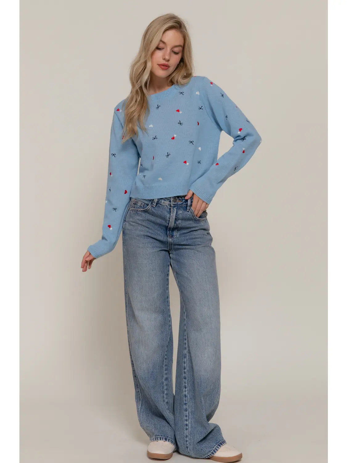 Long Sleeve Round Neck All Over Embroidery Sweater