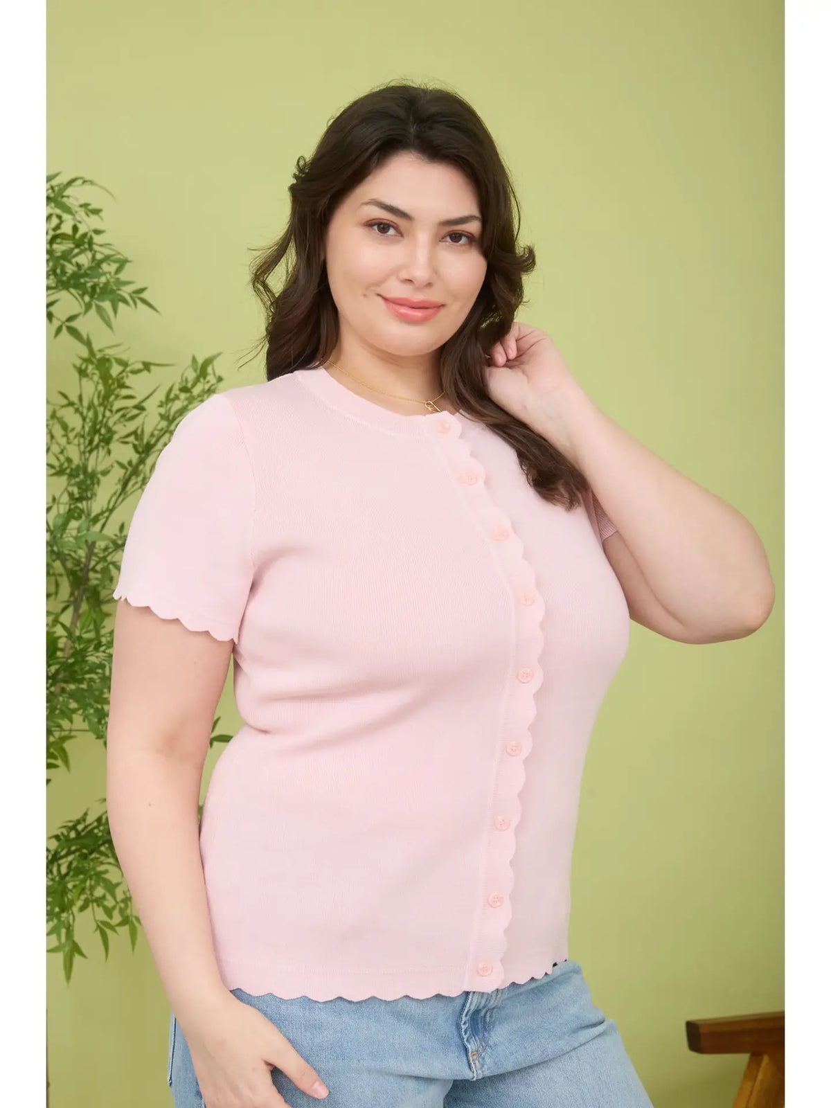 Plus Scalloped Short Sleeve Button Down Cardigan