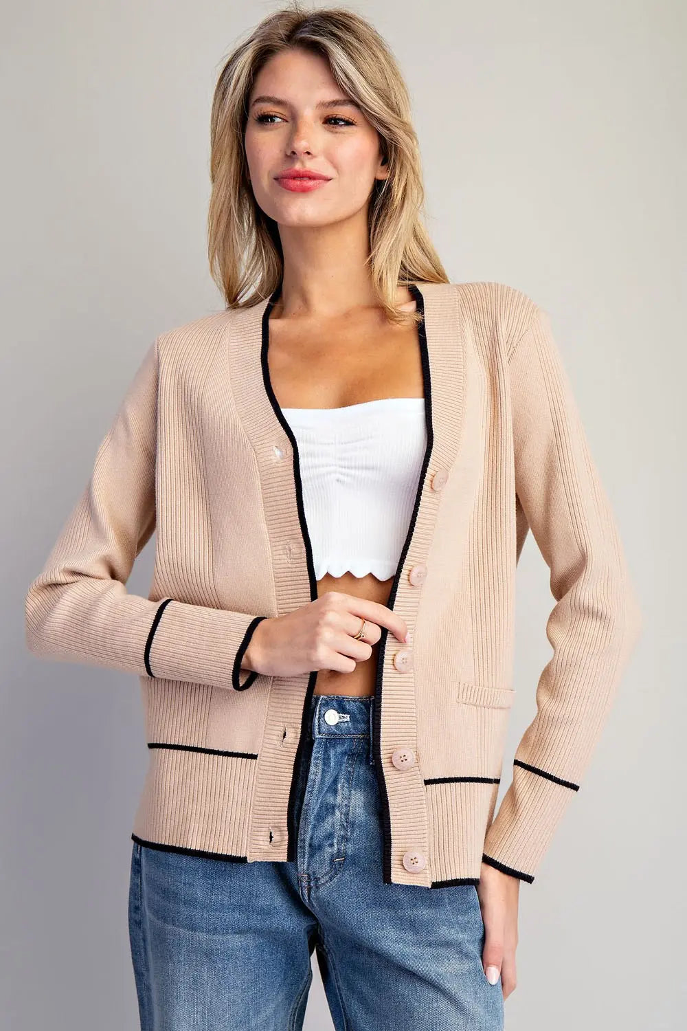 Contrast Trim Button Down Cardigan