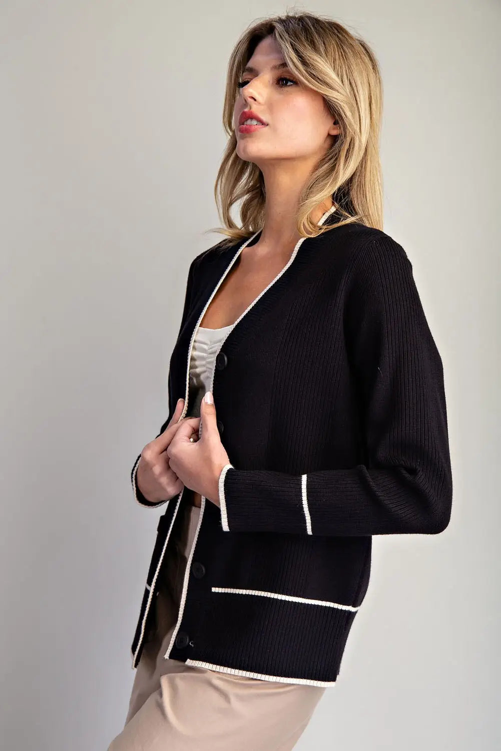 Contrast Trim Button Down Cardigan