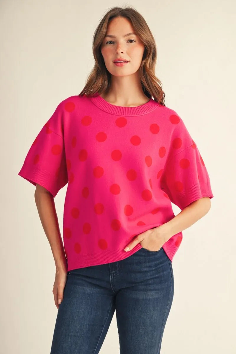 Short sleeves polka dot comfy sweater
