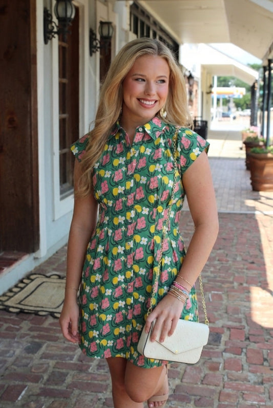Floral Print Cap Sleeve Shirt Dress