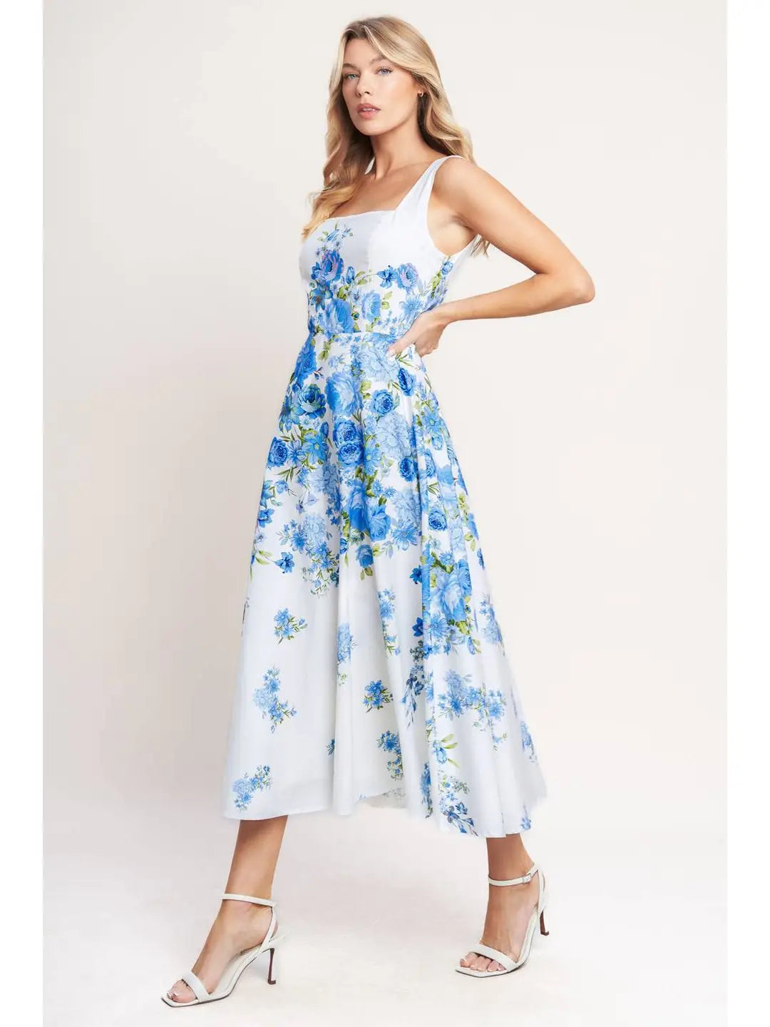 Printed Woven Midi Dress white with blue flowers