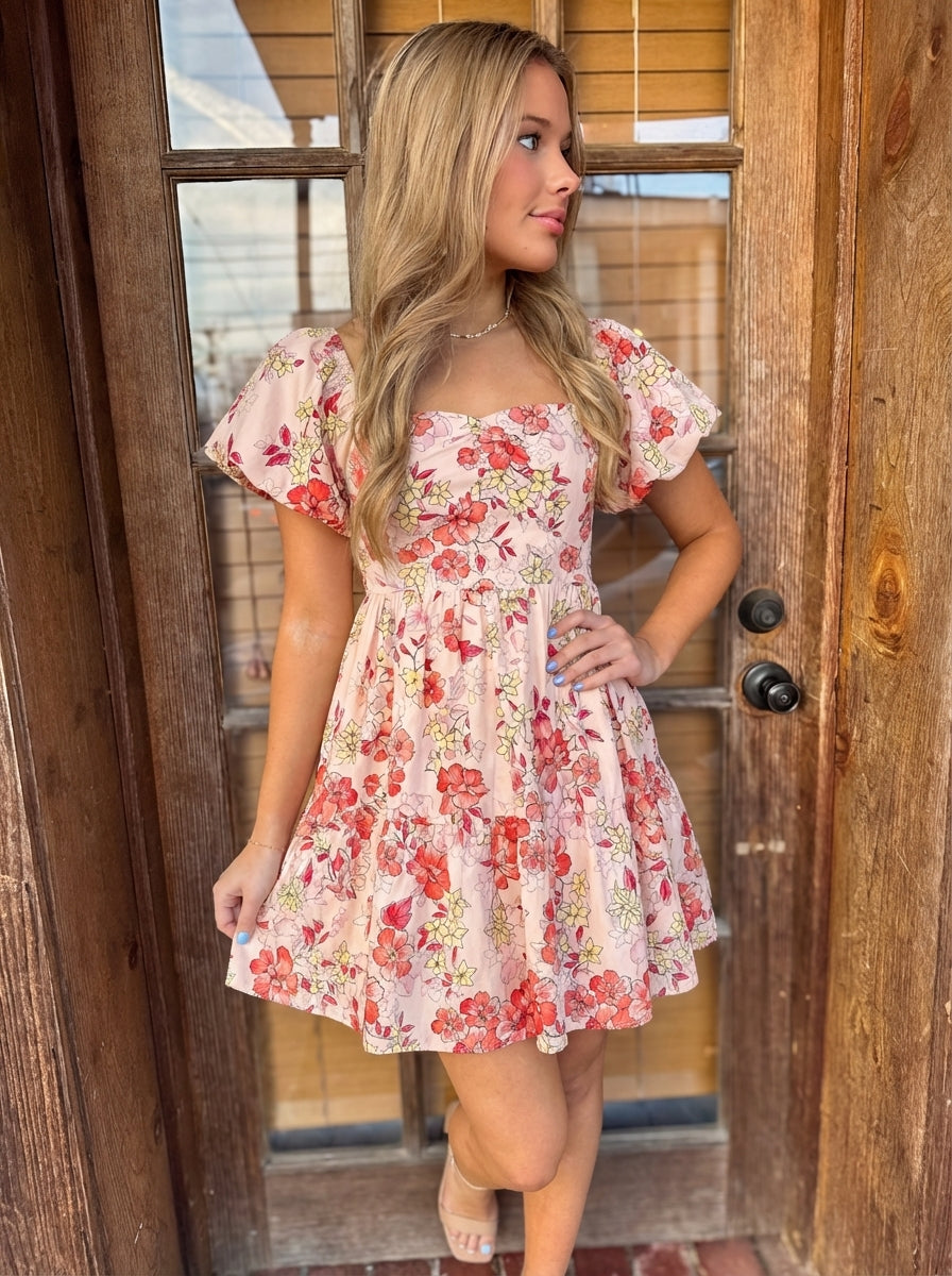 Floral Puff Sleeve Tiered Mini Dress