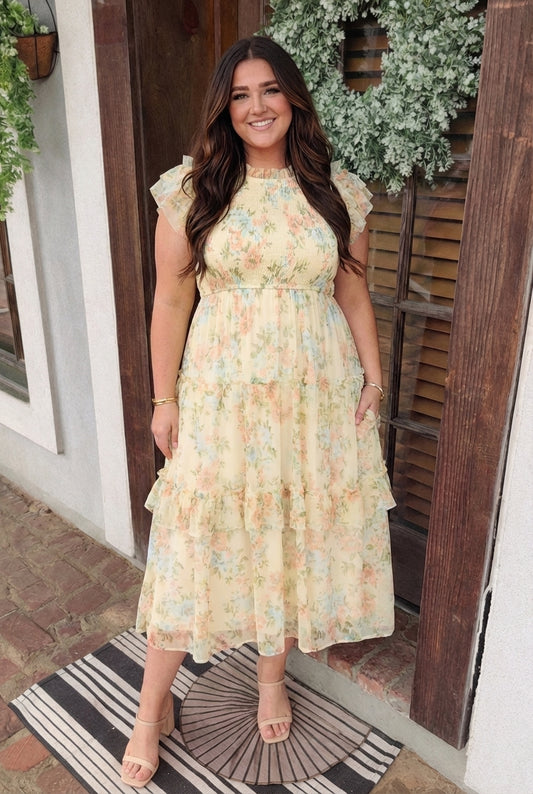 Plus Floral Tulle Pattern Smocked Midi Dress
