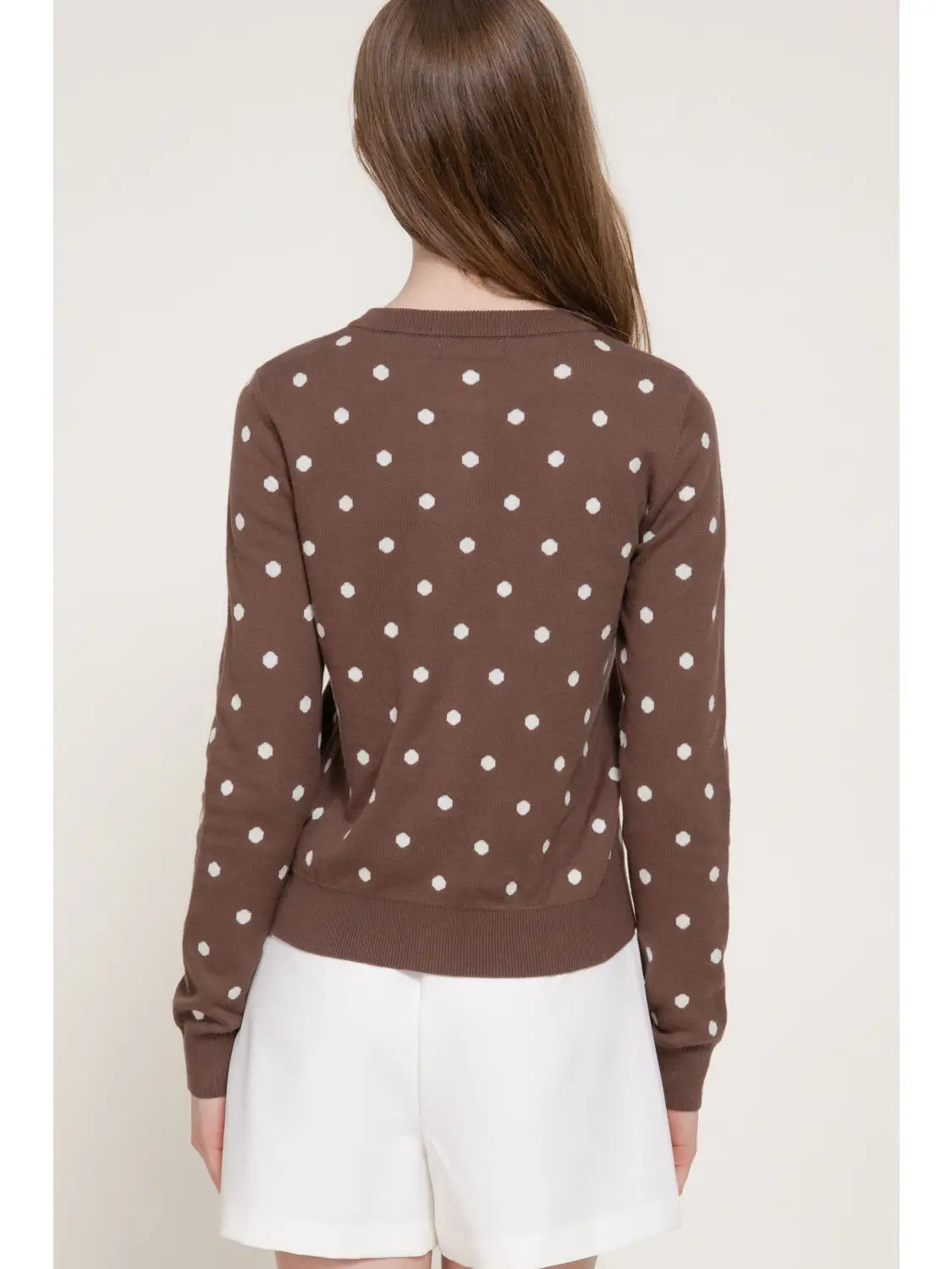 Long Sleeve Crew Neck Button Down Dot Sweater Cardigan