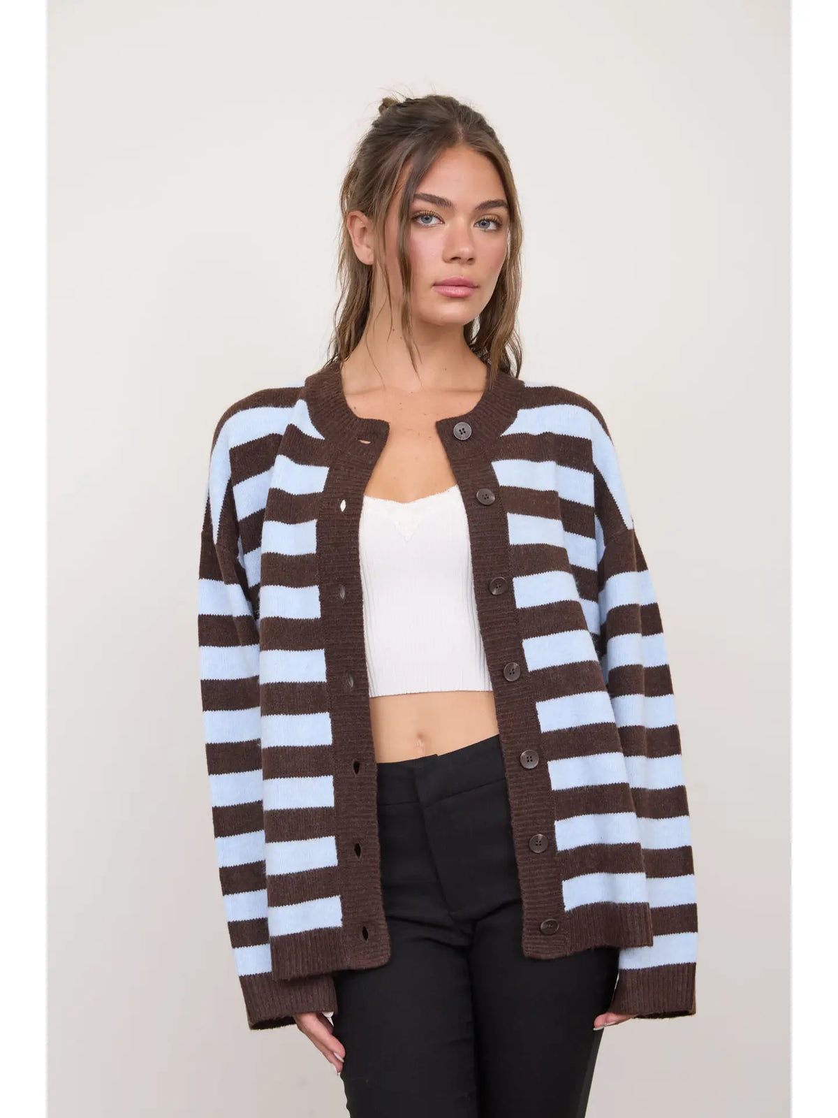 Striped Round Neck Button Down Boxy Knit Cardigan