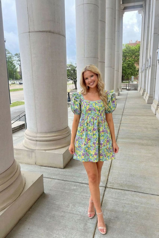 Bold Floral Puff Sleeve Mini Dress