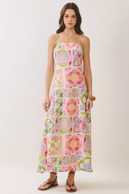 Tile Print Side Zipper Strapless Maxi Dress